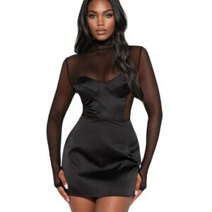 NWT Fashion Nova Satin Bodysuit Skirt Set Black Size M 2 Piece Outfit